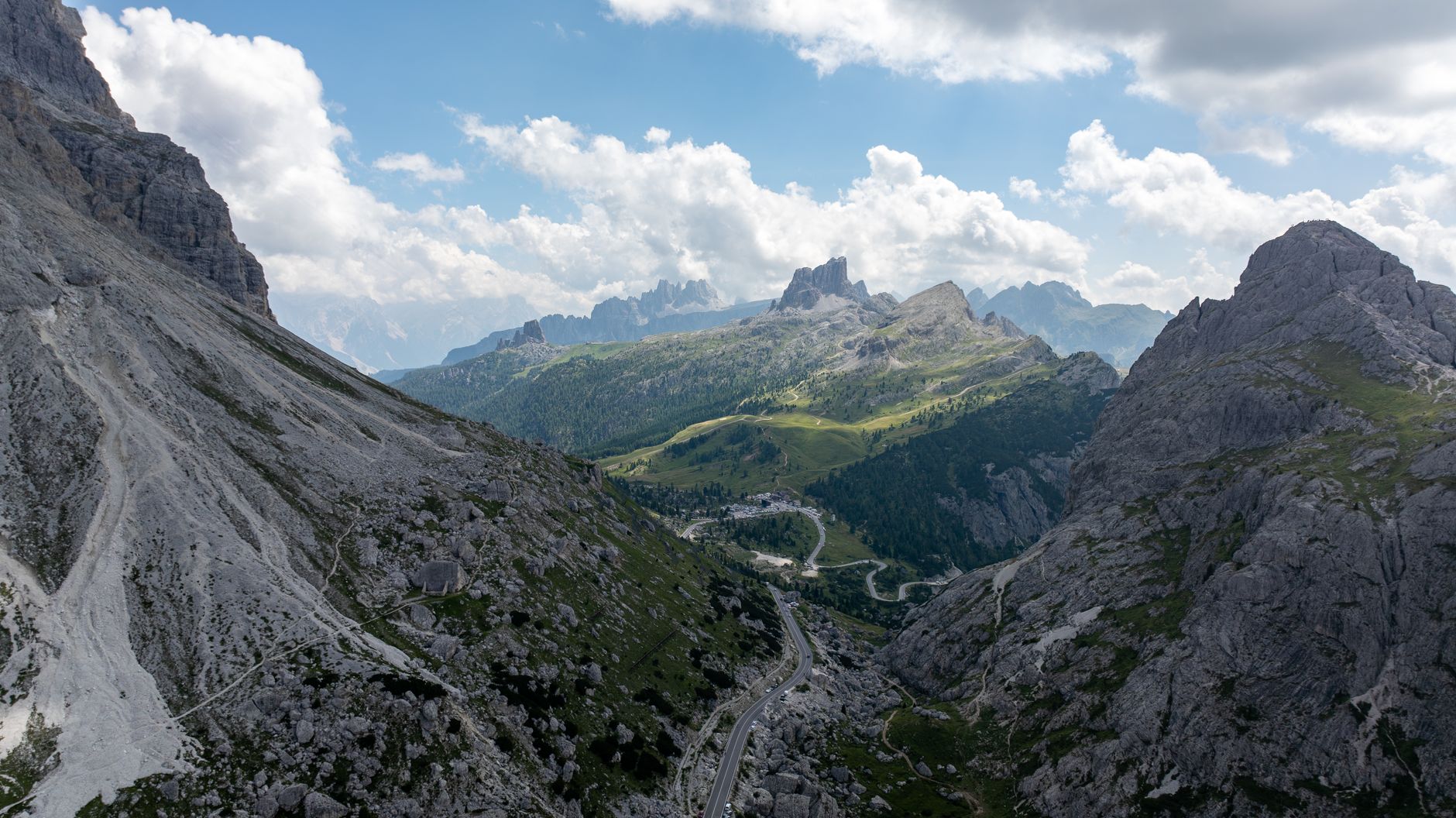 Panoramic view of the Dolomite mountains at sunrise